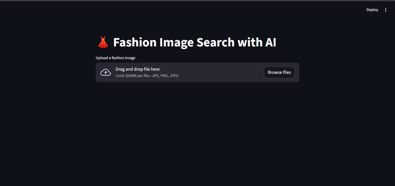 Screenshot of AI-powered fashion visual search tool where users upload outfit photos to discover matching products instantly.