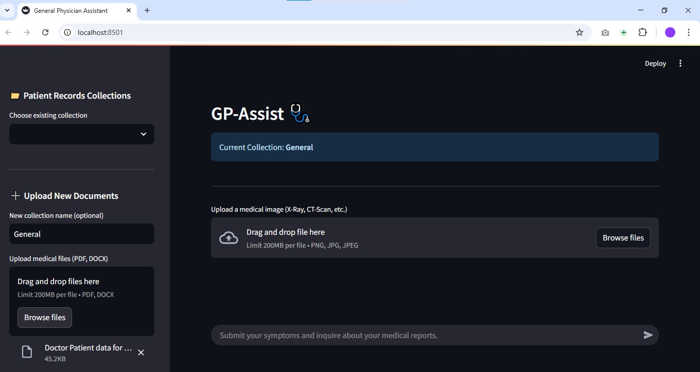 Screenshot of GP-Assist AI healthcare assistant web app for doctors and patients, featuring secure document upload, scan analysis, and AI-powered diagnostic support.