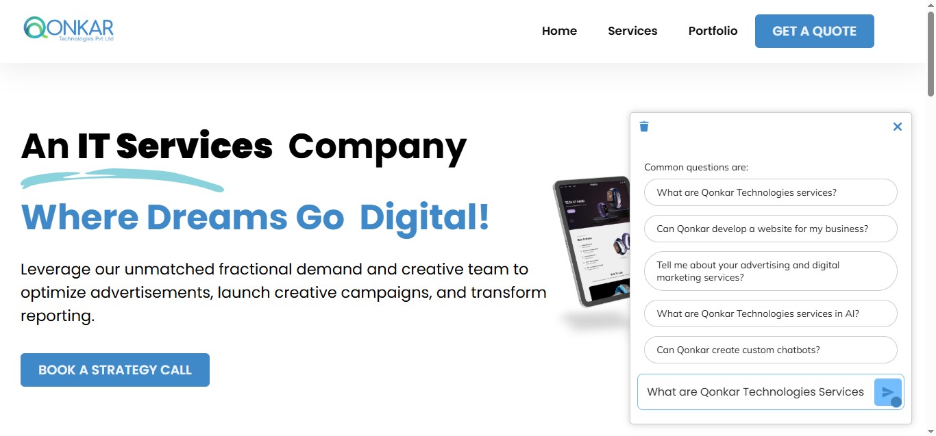 Screenshot of QONKAR AI chatbot web app that automates customer support, reduces response time, and improves user engagement.